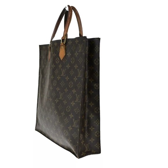 LOUIS VUITTON Logo Sac Plat Hand Tote Bag Monogram Leather Brown - Picture 2 of 16